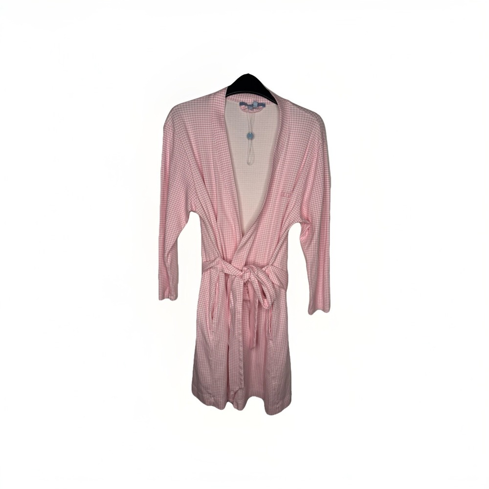 Hill House Robe Womens XS Pink & Gingham Organic Cotton Belted Monogram "Dani"